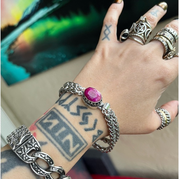 Genuine pink indian ruby gemstone stainless steel double chain boho bracelet - Picture 15 of 15